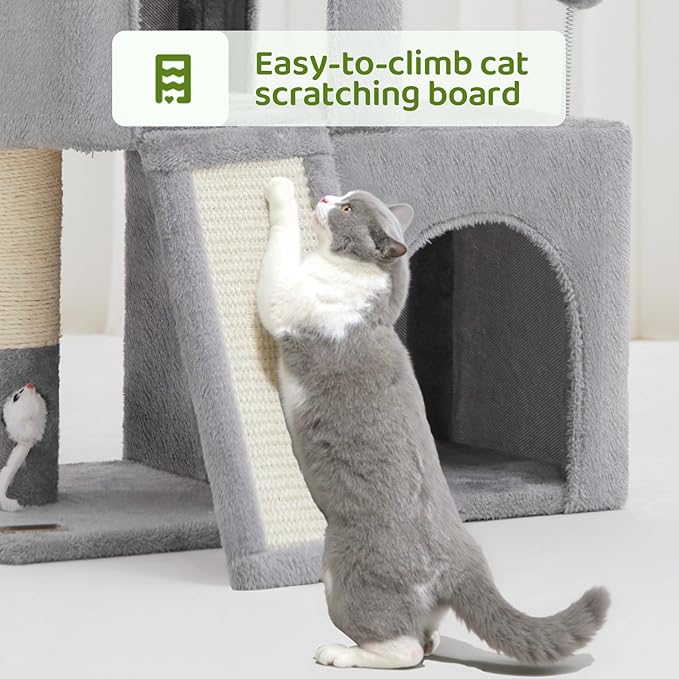 24inch Tall cat Tree with 2 cat condo and Mouse Toy Cozy Small cat Tower with Scratching Post and Board for Kitties and Small Cats.（Light Grey）