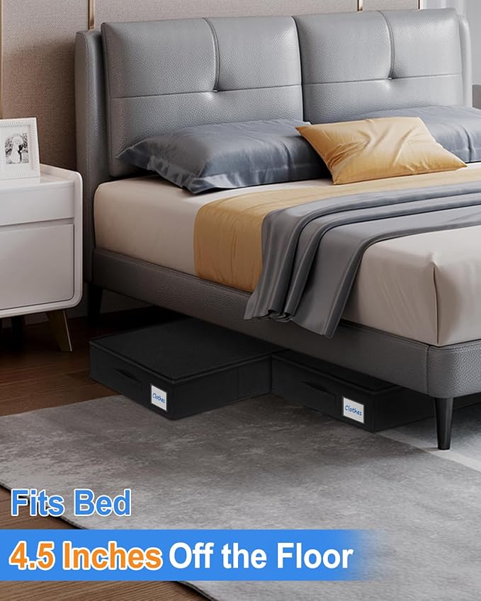 Under Bed Storage Containers, Low Profile Underbed Storage Bin 4.5 Inches Tall Clothes Storage Organizer With Rigid Side & Bottom, Shallow Thin Under Couch Dresser Storage Dorm With Lid - 2Pcs Black