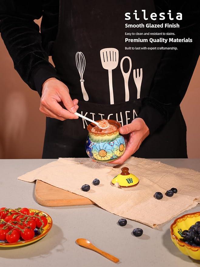silesia Handmade Sugar Bowl with Lid and Spoon, 9 Ounce Ceramic Hand-Painted Sugar Jar for Home in Gift Box, Kitchen Decor, Oven, Dishwasher & Microwave Safe, Glazed Yellow