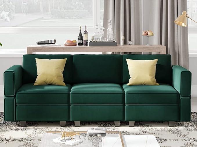 Belffin Modular Sofa Couch with Storage Seats Velvet 3 Seater Sofa for Living Room Green
