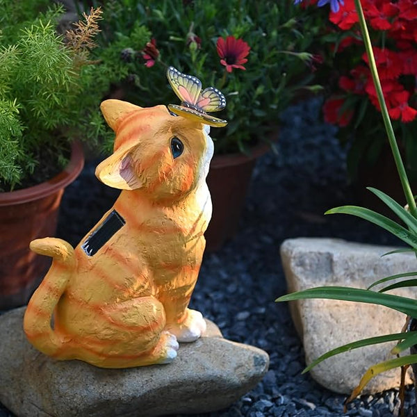 Cat Garden Figurines Outdoor Decor Solar Statue with LED Lights for Patio Lawn Yard Art Decoration Housewarming Garden Gift
