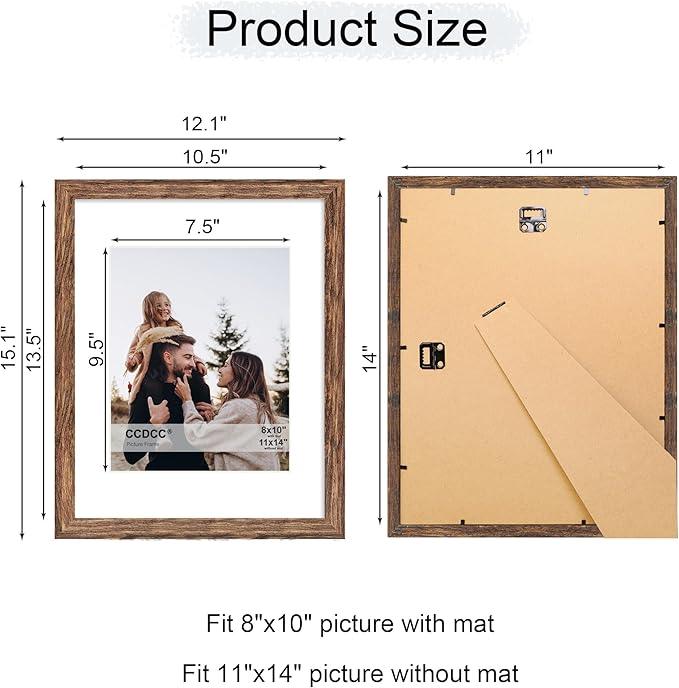 11x14 Picture Frame Set of 4, 11 x 14 Wood Photo Frames with Mat for 8x10, Natural Wooden Frame with Real Glass Cover for Wall and Tabletop Display,Rustic Brown