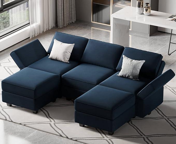 Belffin Modular Sectional Sofa with Double Chaise Velvet U Shaped Sofa Reversible Sectional Couch with Storage Blue
