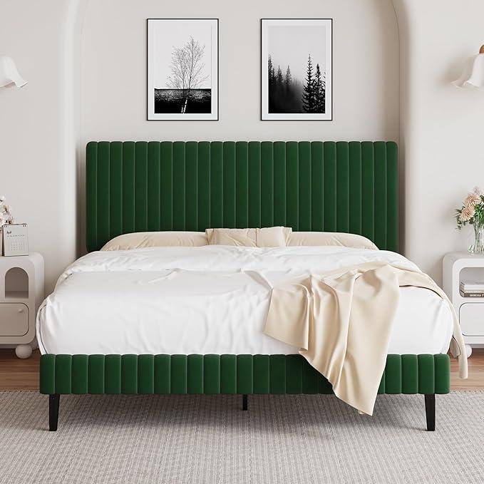 Queen Size Bed Frame, Velvet Upholstered Platform Bed with Vertical Channel Tufted Headboard and Footboard, No Box Spring Required, Easy Assembly, Green