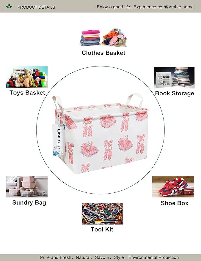 Rectangular Folding Laundry Basket,waterproof Canvas Basket,gift basket,Suitable for children's room,Office,Clothes,Toys Storage(Pink lace dance shoes)