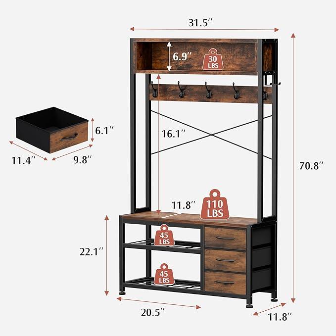 Lulive Hall Tree with Bench and Shoe Storage, 31.5