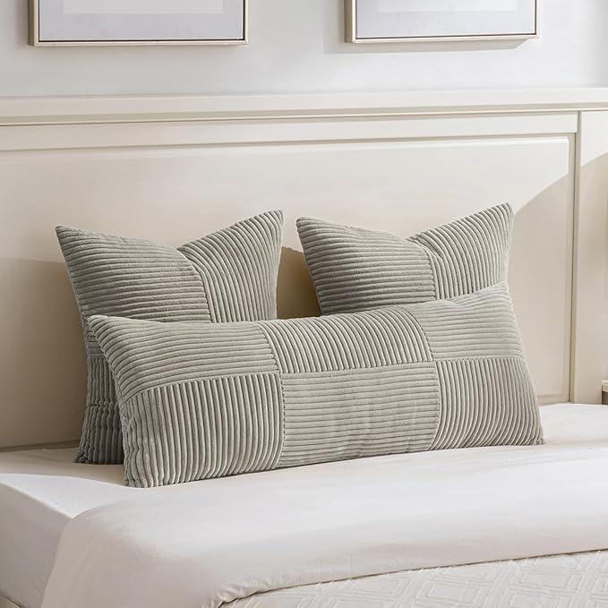 Fancy Homi Set of 2 Neutral Grey Boho Long Lumbar Body Decorative Throw Pillow Cover 14x36 Inch for Bed Couch Bedroom Bench, Soft Patchwork Corduroy Textured Pillow Case, Rustic Farmhouse Room Décor