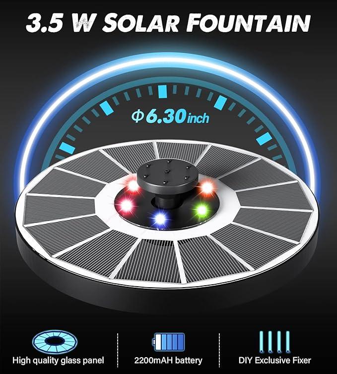 Solar Fountain Glass Panel with 2200 mah Battery, 3.5W Floating Solar Water Fountain with 4 Fixed Rods, Solar Fountain Pump for Bird Bath, Garden, Pond, Pool, Outdoor-Colorful Lights