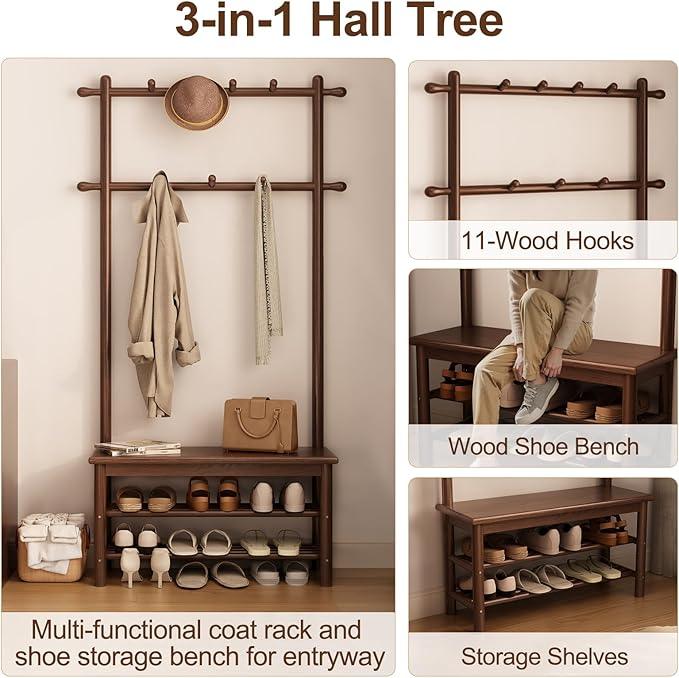 Hall Tree, Coat Rack with Shoe Storage, Wooden Hall Tree with Bench, 11 Hooks and 2-Tier Storage Shelves, Entryway Bench with Coat Rack (31.5