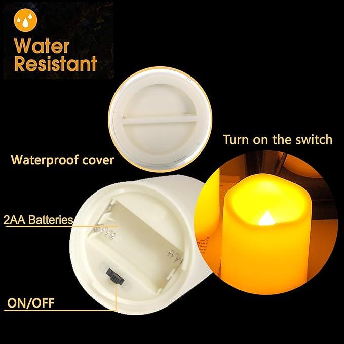 CANDLE CHOICE Waterproof Outdoor Battery Operated Flameless Candles with Timer Flickering Plastic Resin Electric LED Pillar Lights for Lantern Patio Garden Wedding Party Decorations 3x3 Inches 2 Pack