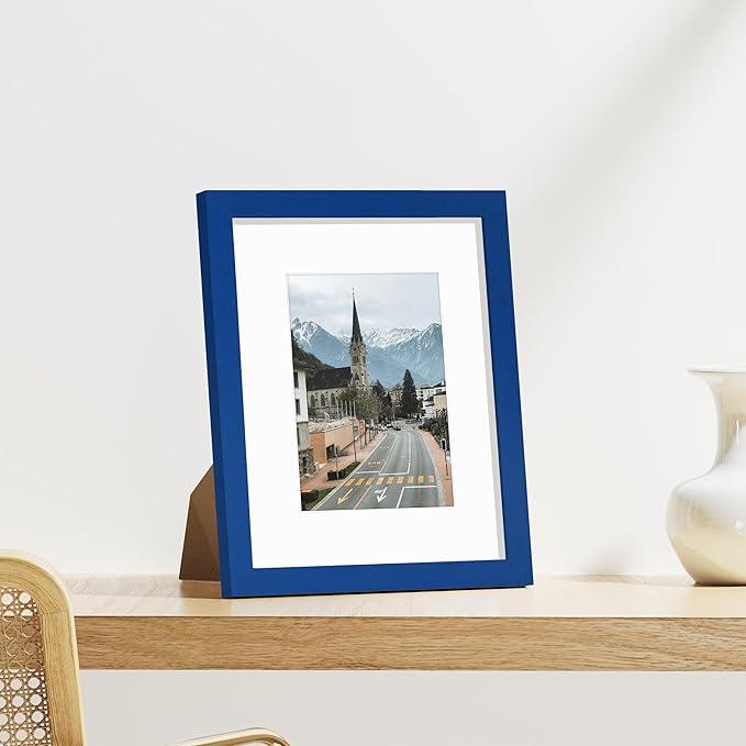 Vittanly 8x10 Picture Frame Set of 9 - Display 5x7 Photos with Mat or 8x10 Without Mat, Wall Mount & Tabletop Frames for Home Decor, Horizontal or Vertical (Blue)
