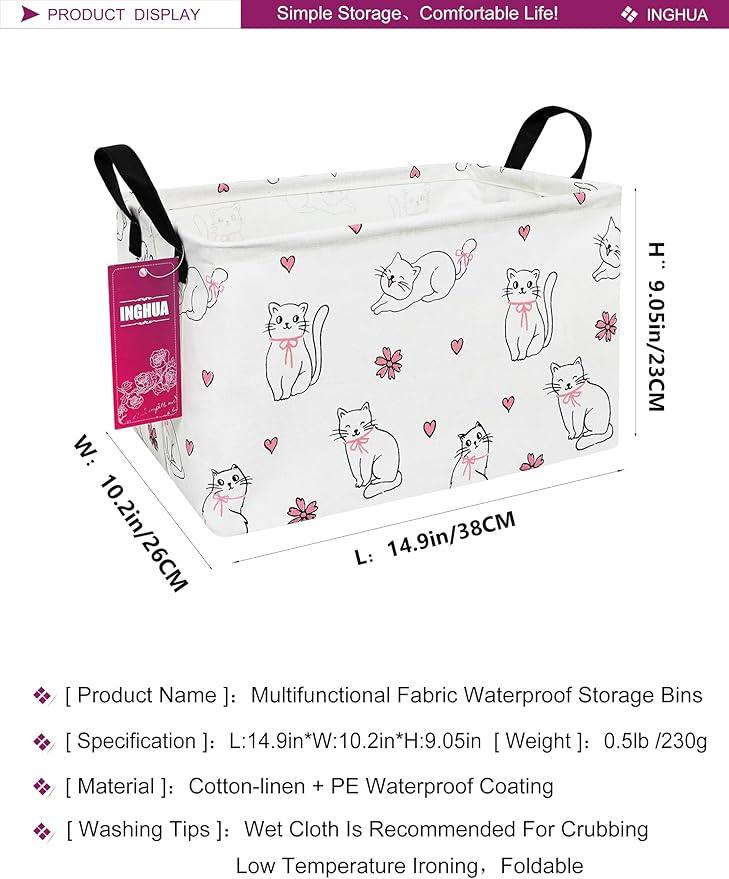 Rectangular Storage Basket Fabric Organizer Bin for Toys,Books,Clothes,Gifts,Pets-Perfect for Home,Office,Nursery,Dorm,Shelf(Rec-Love cat )