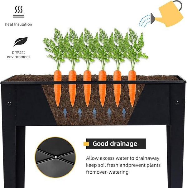 Raised Garden Bed, Elevated Planter Black Metal Plant Box with Legs Standing Garden Stand Drainage Holes Black(Black 24