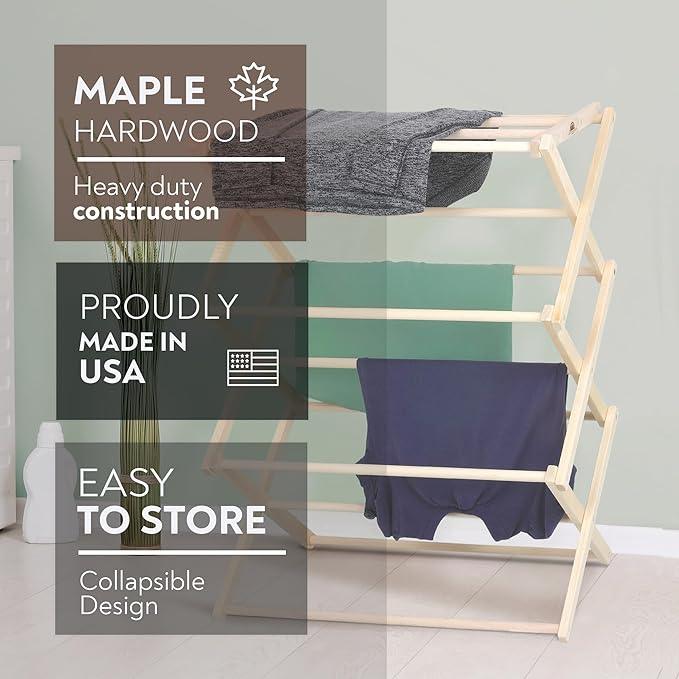 Pennsylvania Woodworks Premium American Maple Clothes Drying Rack - Handcrafted in Pennsylvania - Solid Wood Construction, Collapsible, Eco-Friendly Laundry Solution (X-Large)