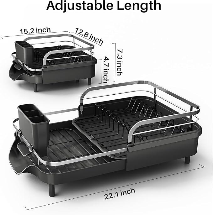 Dish Drying Rack, Expandable Dish Rack for Kitchen Counter, Stainless Steel Dish Drainer with Drainboard Set and Utensil Holder (Black)