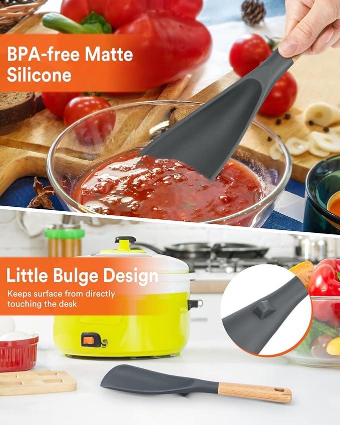 Cooking Spoon and Scraper for Nonstick Cookwares, Great for Cooking and Serving Durable BPA-Free Matte Silicone, Wood Handle Multifunction Spoon for Mixing, Scoop, and Scrape (GREY)