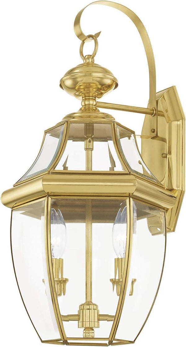 Livex Lighting 2251-02 Monterey 2 Light Outdoor Polished Brass Finish Solid Brass Wall Lantern with Clear Beveled Glass, 20.25