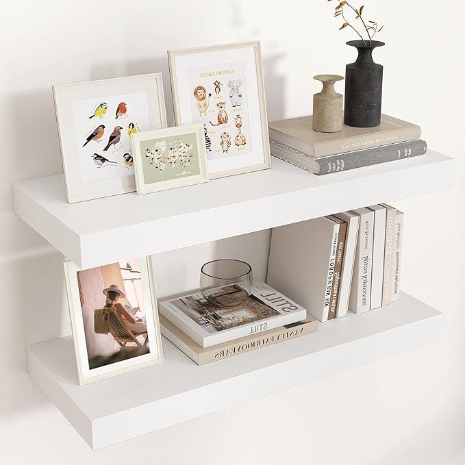 Floating Shelves - 2 Large Wall Mounted Shelves with Invisible Brackets, Long Wood Floating Wall Shelf for Living Room, Bedroom, Kitchen (White, 24