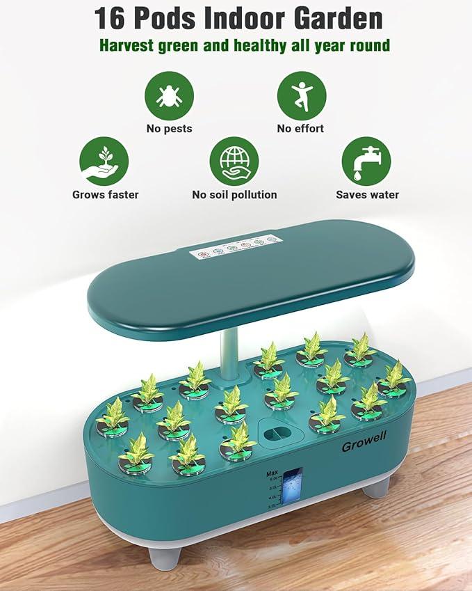 Hydroponics Growing System Kit, 16 Pods Indoor Garden with 28W Full Spectrum LED Grow Light, Auto Timer, 3 Smart Light Modes, 8L Large Herb Garden, Ideal Gardening Gift for Women, Men (Green)