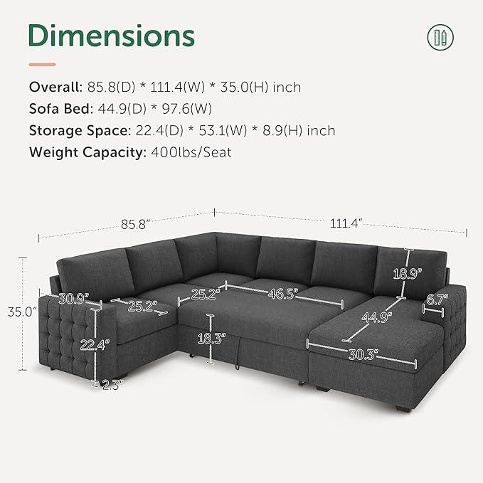 HONBAY Sectional Couch with Pull Out Bed, U-Shaped Sectional Sleeper Sofa with Storage, 6 Seater Sectional Sofa Bed, Mid-Grey