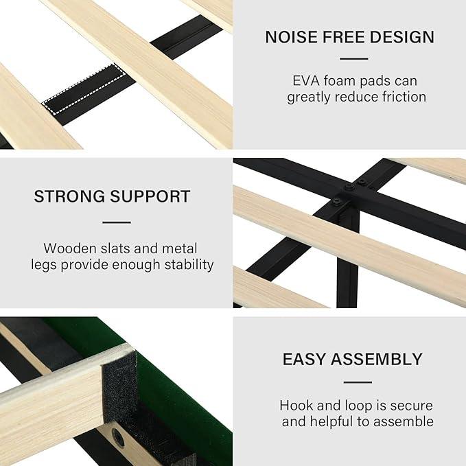 Twin Bed Frame, Velvet Upholstered Platform Bed with Vertical Channel Tufted Headboard and Footboard, No Box Spring Required, Easy Assembly, Green