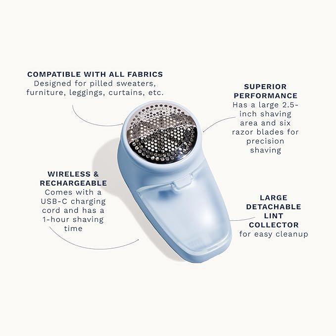 Nori Trim Fabric Shaver - Lint Remover for Clothes & Furniture Couch Pilling - Sweater Pill Remover - Clothes Shaver with 6 Precision Blades - Wireless and Rechargeable - Blue