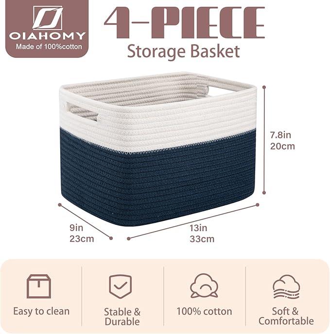 OIAHOMY 4 Pack Storage Baskets for Organizing, Basket for Shelves with Handle, Woven Baskets for Storage Toys, Towels, Books, Cotton Rope Basket 13