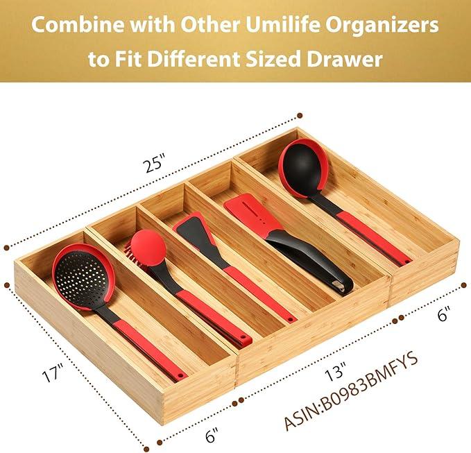 Umilife Bamboo Kitchen Utensils Organizer, Extra Long High Silverware Drawer Holder, Flatware Cutlery Storage Box, Multi-Use Drawer Divider in Office, Bathroom, Pantry - 17