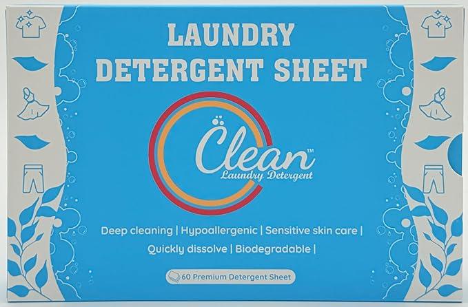Clean Laundry Detergent™– Hypoallergenic, Eco-Friendly, Plant-Based, Biodegradable, 100% Natural – Gentle on Skin & Fabrics, Fresh Scent, 60 Premium Detergent Sheet
