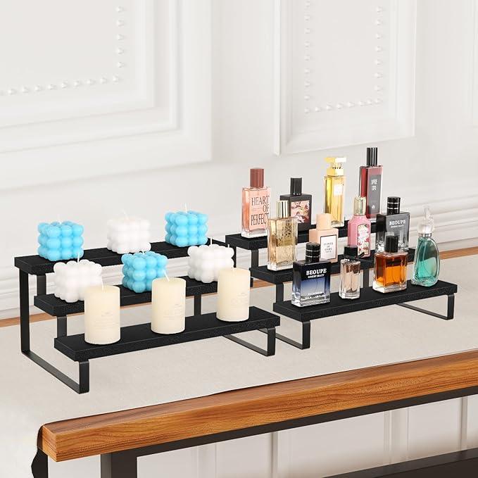 YINMIT Wooden Display Riser Stand, Tiered Perfume and Cologne Organizer Stand, 3 Tier Spice Rack Organizer, Rustic Display Shelf for Candles (3 Tier,2Pack,Black)