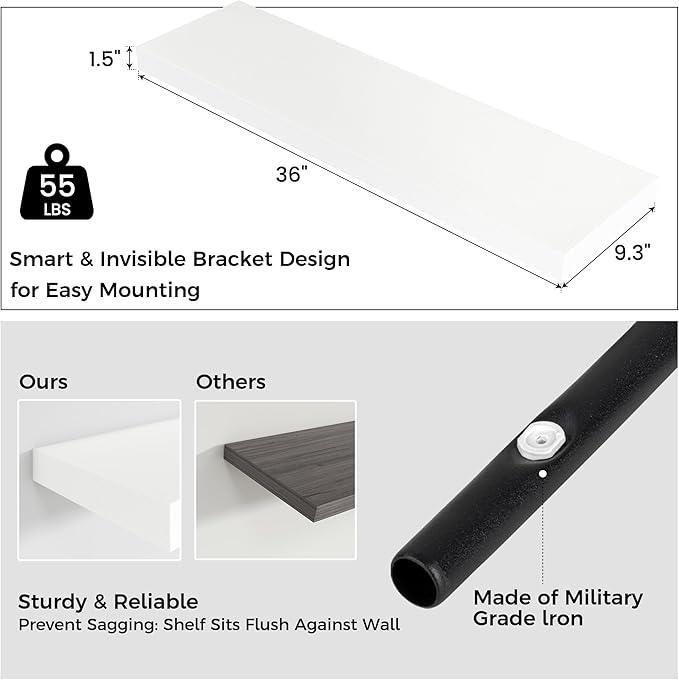 Floating Shelves for Wall, 2 Large Wall Mounted Shelves with Invisible Brackets, Long Wood Floating Wall Shelf Shelves for Living Room, Bedroom, Kitchen, (White, 36