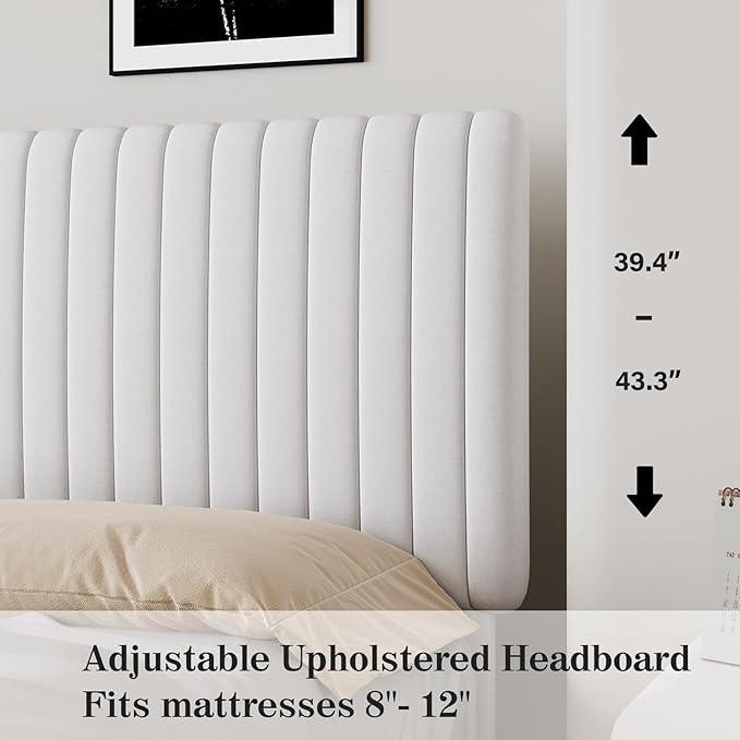 Full Size Bed Frame with Headboard, Velvet Upholstered Platform Bed with Vertical Channel Tufted Design, No Box Spring Required, Easy Assembly, White