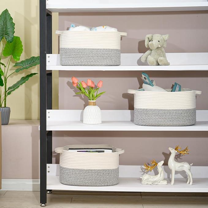 Cotton Rope Woven Storage Basket, Used for Baby Hamper Toy Organizer, Gift Baskets Empty,Kids Laundry Basket,Baby Blanket Basket. Size 15x10x8.7 Inches. (White&Grey-3PCS)