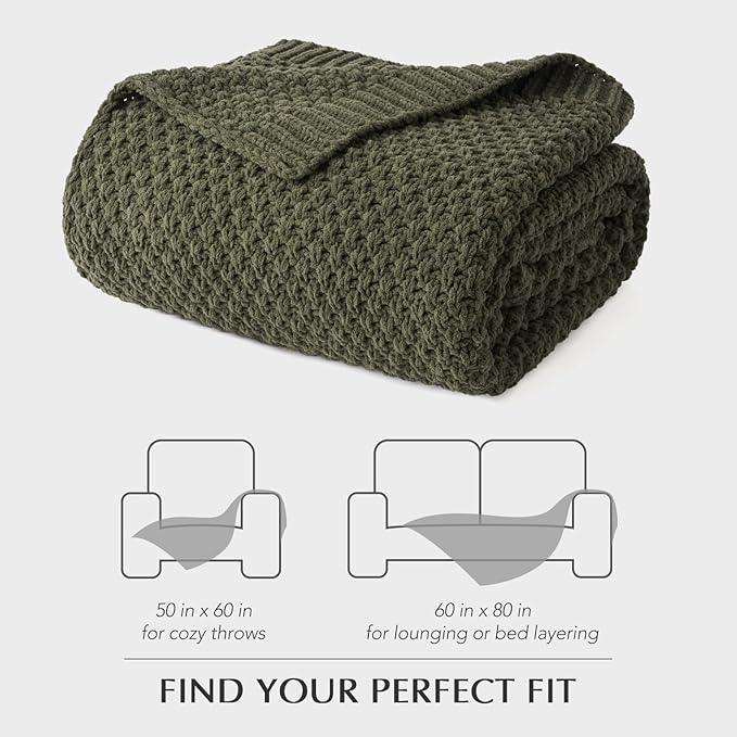 Chunky Chenille Knit Throw Blanket for Couch, Soft Luxurious Moss Stitch Blankets for Bed, Cozy Decorative Farmhouse Knitted Throws for Sofa, Olive Green, 60
