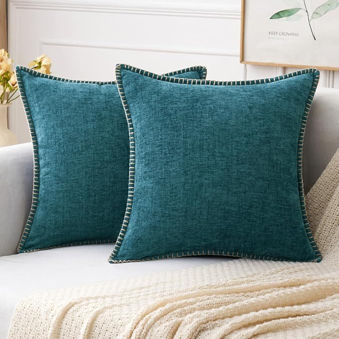 MIULEE Pack of 2 Couch Throw Pillow Covers 20x20 Inch Dark Teal Farmhouse Decorative Pillow Covers with Stitched Edge Soft Chenille Solid Dyed Spring Pillow Covers for Sofa Bed Living Room