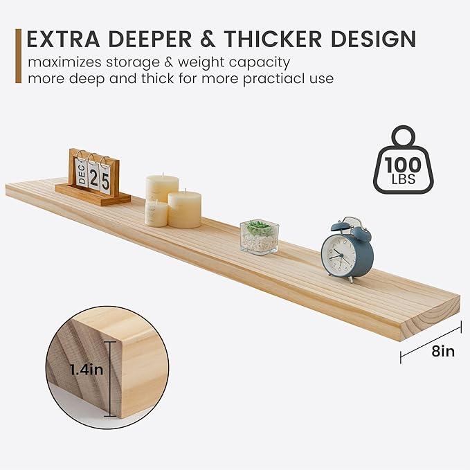 Fun Memories 48 Inch Floating Shelves for Wall, Deep Rustic Solid Pine Wood Floating Shelf - Farmhouse Wall Mounted Display Shelf with Heavy-Duty Metal Bracket, 48