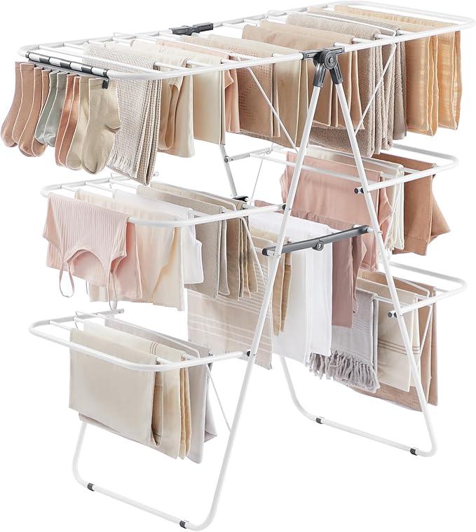 SONGMICS Clothes Drying Rack, Foldable 3-Level Laundry Rack, Free-Standing Large Drying Rack, with Height-Adjustable Wings, 39 Drying Rails, Sock Clips, White and Gray ULLR054W01