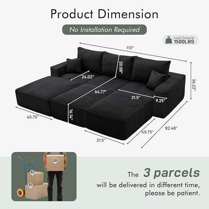 Boneless Sectional Cloud Couch Sofa Bed for Living Room, 112