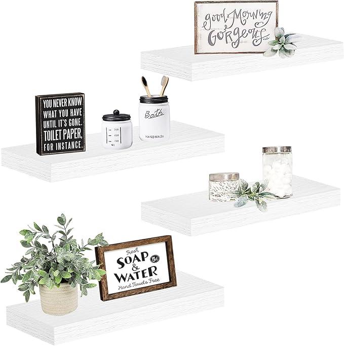 QEEIG Floating Shelves for Wall Bathroom Shelf Bedroom Kitchen Living Room Farmhouse Small Book Shelf 16 inch Set of 4, White (015-W4)