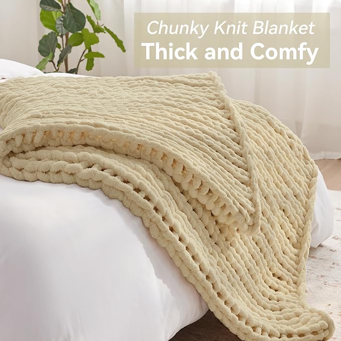 Chunky Knit Throw Blanket, 50''*60'' Knitted Throw Chenille Yarn for Bed Couch, Handmade Oatmeal Crochet Big Thick Blanket, Machine Washable Cute Comfy Blanket for Home Decor