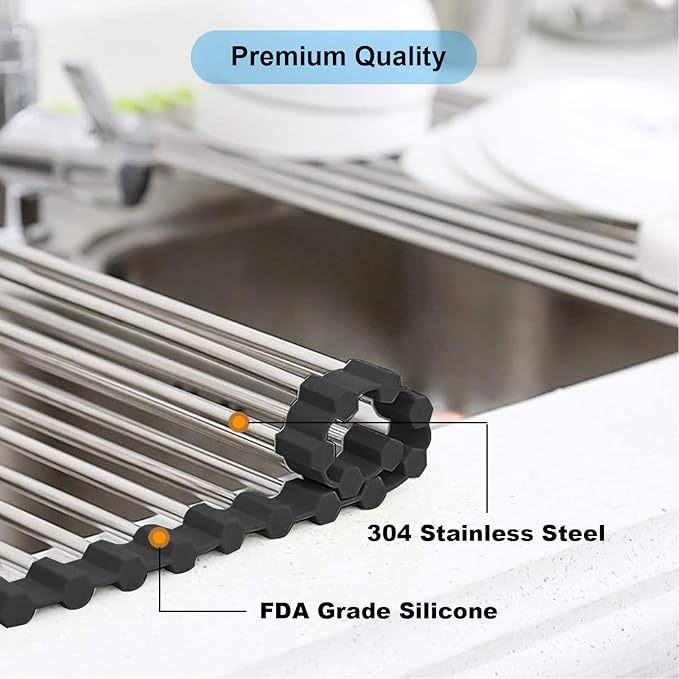 Searik Dish Drying Rack Roll Up Sink Drying Rack, Over The Sink Dish Rack Multi-Use Stainless Steel Dish Drainers Heat Resistant Mat for Drying Draining Trivet (17.7