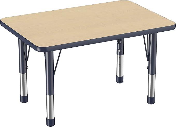 Factory Direct Partners FDP Rectangle Activity School and Classroom Kids Table (24 x 36 inch), Chunky Toddler Leg, Adjustable Height 15-24 inches - Maple Top and Navy Edge