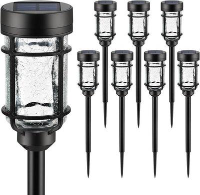 Solar Pathway Lights 8 Pack, Color Changing+Warm White LED Solar Lights Outdoor, Waterproof Solar Crackle Glass Stake Lights for Garden Path Walkway Backyard Lawn Landscape Decoration