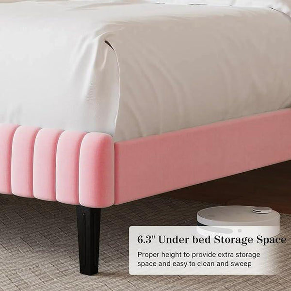 Twin Size Bed Frame, Velvet Upholstered Platform Bed with Vertical Channel Tufted Headboard and Footboard, No Box Spring Required, Easy Assembly, Pink