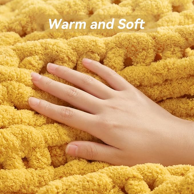 Chunky Knit Throw Blanket, 60''*80'' Knitted Throw Chenille Yarn for Bed Couch, Handmade Yellow Crochet Big Thick Blanket, Machine Washable Cute Comfy Blanket for Home Decor