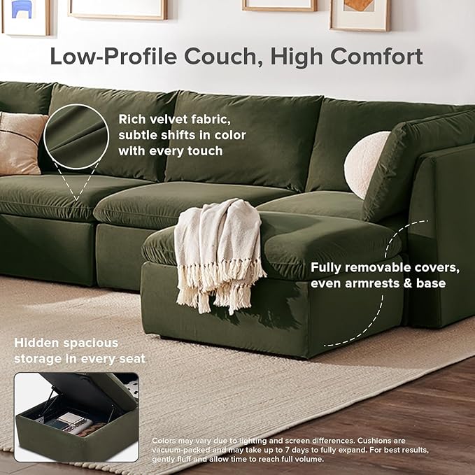mopio Oversized Modular Sectional Sofa with Fully Removable Covers and Storage, Convertible U, L-Shaped and Sleeper Sectional, Modern Couches with Ottoman Chaise (Olive Green Velvet, 8 Seats, Sleeper)