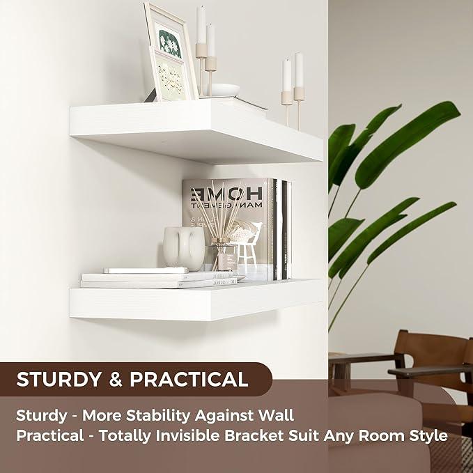 Floating Shelves - 2 Large Wall Mounted Shelves with Invisible Brackets, Long Wood Floating Wall Shelf for Living Room, Bedroom, Kitchen (White, 24