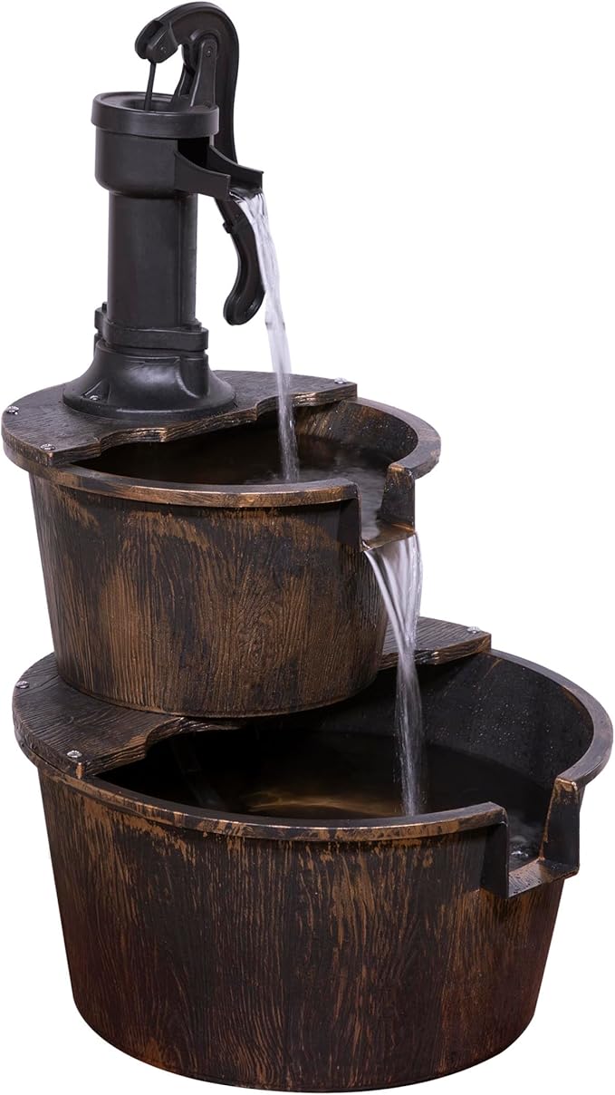 Alpine Corporation 2-Tiered Barrel and Pump Water Fountain – Bronze Finish, Relaxing Water Flow, Ideal for Garden, Patio, & Yard Décor, 27