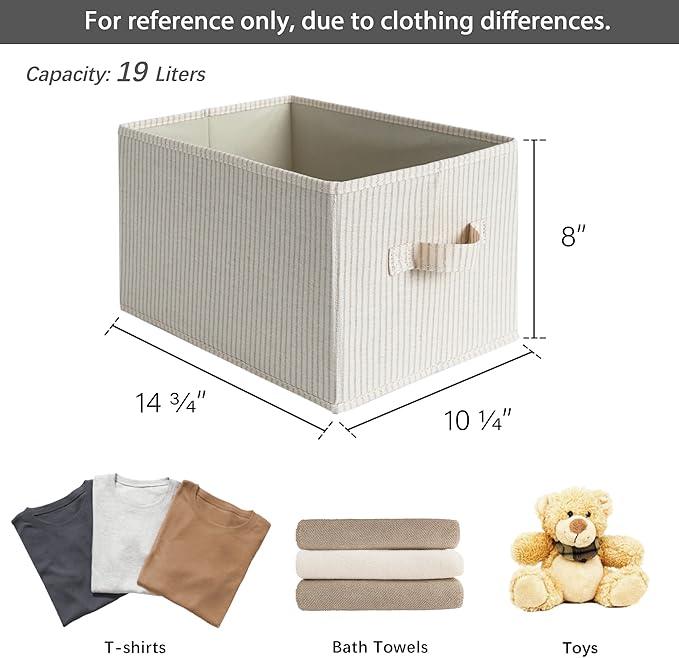 StorageWorks Storage Baskets for Shelves, Foldable Fabric Closet Storage Bins with Handles, Fabric Storage Bins Clothes Organizer, Beige Stripes, 3-Pack, Large
