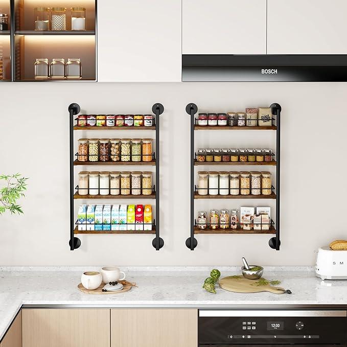 IBUYKE Spice Rack Wall Mount,4 Tier Hanging Seasoning Organizer,Large Spice Rack for Wall for up to 50 Jars,Spice Organization for Kitchen Cabinet,Bathroom,Pantry,Living Room,Brown TLJ016H